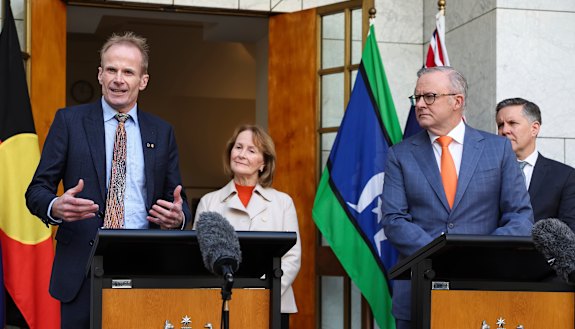 Professor Richard Scolyer speaks alongside Gail O’Brien from Chris O’Brien Lifehouse, Prime Minister Anthony Albanese and Health Minister Mark Butler during a press conference to announce the government was committing $5.9 million to establish the Richard Scolyer Chair in Brain Cancer Research last September.