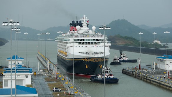 The Disney Wonder cruise ship sails toward the Cocoli Locks, part of the new Panama Canal expansion bankrolled by China. 