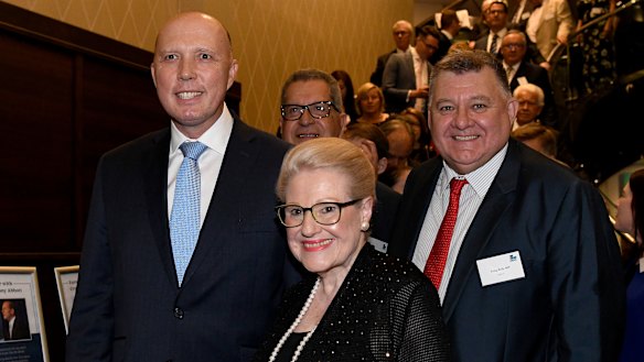 Home Affairs Minister Peter Dutton, former speaker Bronwyn Bishop and Liberal MP Craig Kelly arrive at the dinner.