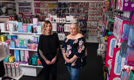 Jules Pearce and Kyla Khattar at their Flirt Adult Store in Hamilton, one of nine across the state.
