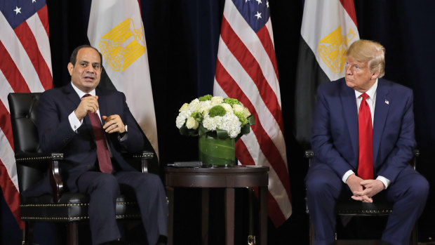 Egyptian President Abdel-Fattah el-Sisi meets with US President Donald Trump during the United Nations General Assembly, on Monday.