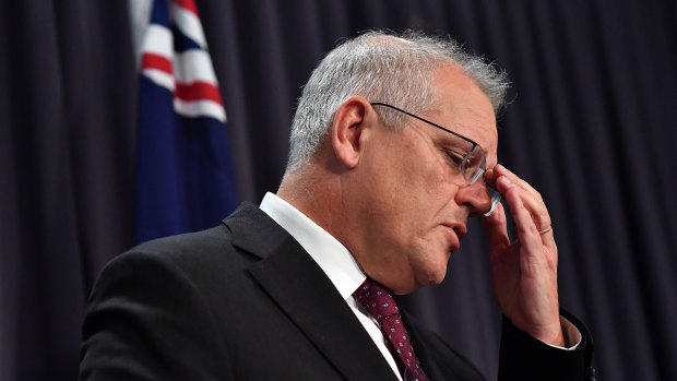 An angry Prime Minister Scott Morrison at his press conference on Tuesday. 