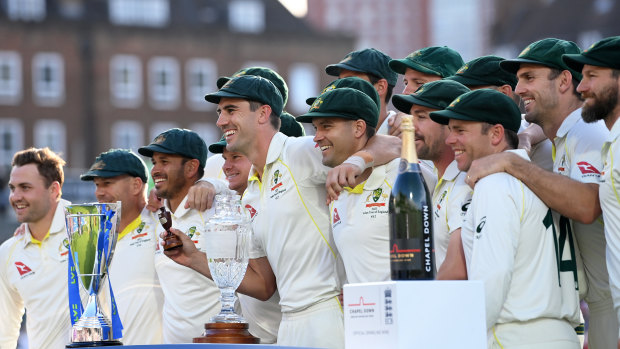 The Australians celebrate retaining the Ashes.