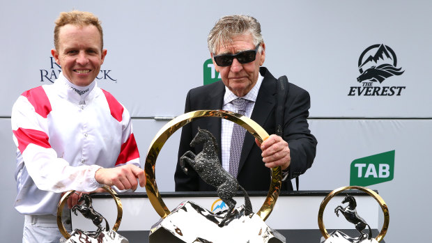Jockey Kerrin McEvoy with trainer Les Bridge at the presentation after Classique Legend’s victory last year.