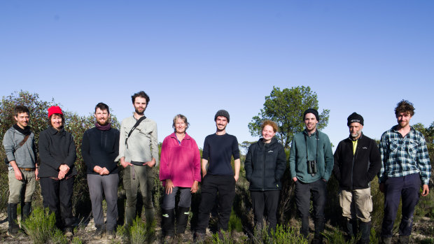 Dr Simon Verdon (third from left), volunteers and researchers on a wilderness trip to search for rare birds.
