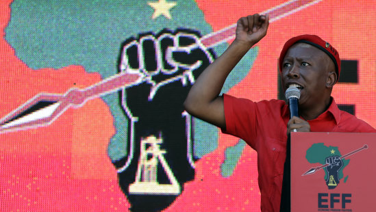 The leader of the Economic Freedom Fighters (EFF) party, Julius Malema, at his party's final rally at Orlando Stadium in Soweto on Sunday.