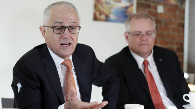<p>Prime Minister Malcolm Turnbull  and Treasurer Scott Morrison meet with members of the community to discuss the aged care package during a visit to a cafe in Queanbeyan, on Thursday May 10, 2018.</p>
