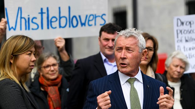 Lawyer Bernard Collaery addresses the media outside the Supreme Court in Canberra earlier this month.