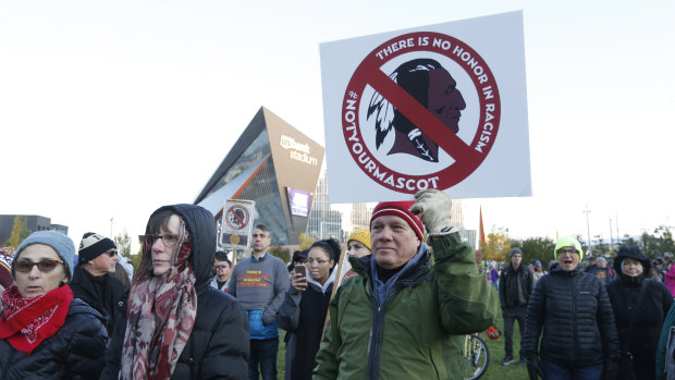 Native American leaders protest against the Redskins team name outside US Bank Stadium in 2019.