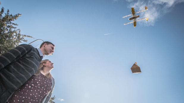 A drone delivers Guzman y Gomez to the Bonython home of Jeremy and Mel Hawkes.