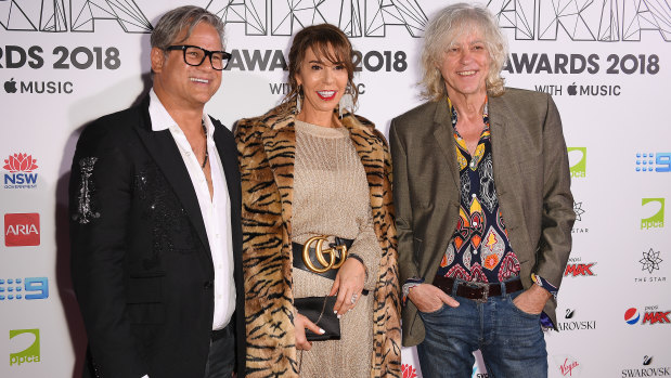 Jon Stevens (L) , Heloise Pratt and Sir Bob Geldof at the ARIAS.