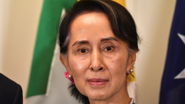 Myanmar's State Counsellor Aung San Suu Kyi at Parliament House in Canberra, on March 19.