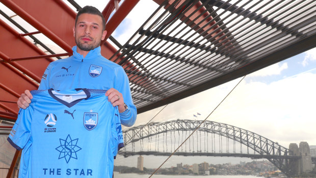 New icon: Kosta Barbarouses at his unveiling as a Sydney FC signing