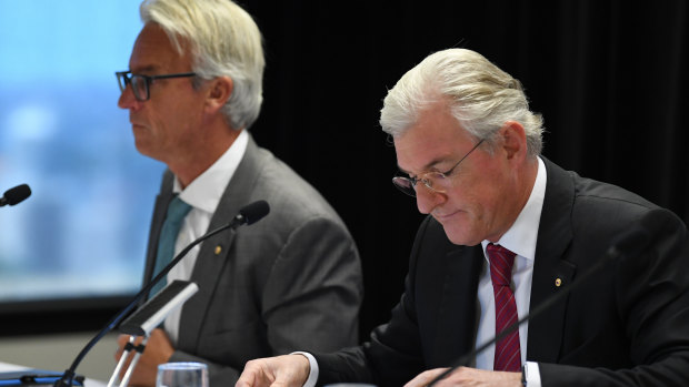 Board games: FFA CEO David Gallop and outgoing chairman Steven Lowy at Monday's election in Sydney.
