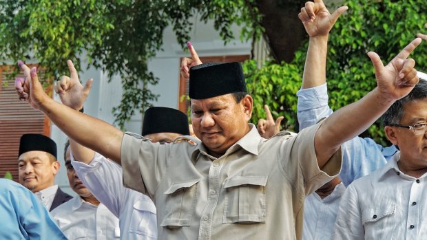 Prabowo Subianto gives a press conference as early counts indicate Joko Widodo has been re-elected as Indonesia's president.