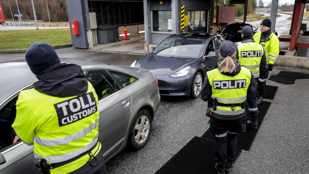 Customs and police at the border between Norway and Sweden in Svinesund, Norway in March.