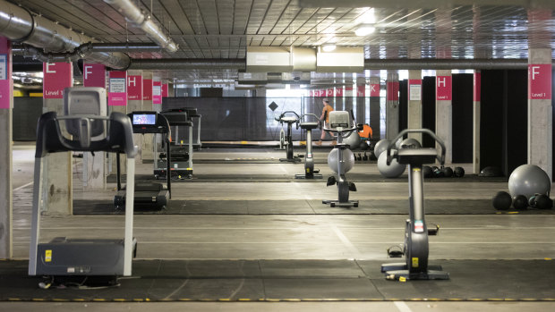 A 'social distant' gymnasium set up in one of the car parks at Melbourne Park.