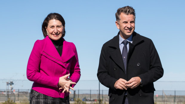 NSW Premier Gladys Berejiklian and Transport Minister Andrew Constance in Mascot. 