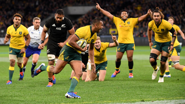 Kurtley Beale scores a try at Optus as the Wallabies beat the All Blacks for the first time in eight matches.