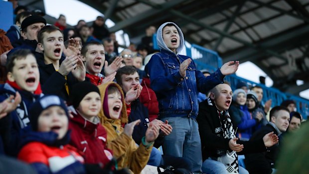 Fans at a game in Zhodino, Belarus. Belarus President Alexander Lukashenko is proudly keeping soccer and hockey arenas open even though most sports around the world have shut down because of the coronavirus pandemic.