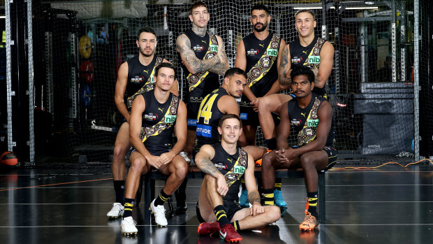 Shane Edwards, Daniel Rioli, Matt Parker, Sydney Stack, Rhyan Mansell, Marlion Pickett, Maurice Rioli jnr, and Shai Bolton wearing Richmond’s Dreamtime guernsey.