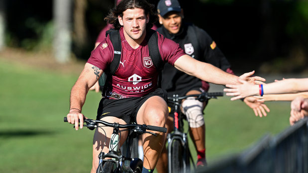 Patrick Carrigan greets fans at a Queensland training session on Thursday.