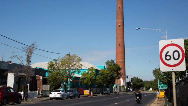 The former Provans premises at 64 Alexandra Parade, Clifton Hill under the historic shot tower.