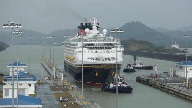 The Disney Wonder cruise ship sails toward the Cocoli Locks, part of the new Panama Canal expansion bankrolled by China. 