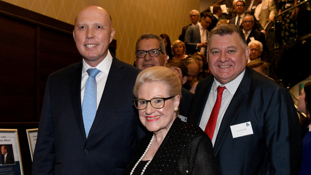 Home Affairs Minister Peter Dutton, former speaker Bronwyn Bishop and Liberal MP Craig Kelly arrive at the dinner.
