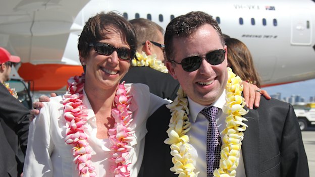 Jayne Hrdlicka with Qantas boss Alan Joyce in 2013.