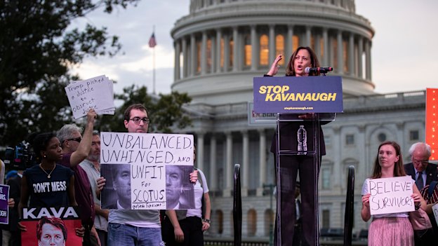 Rallying against Supreme Court nominee Brett Kavanaugh in 2018. Kamala Harris’s Senate questioning of him was called “nasty” by then President Trump. 