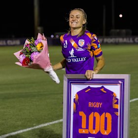 Rigby celebrating her 100th game in 2023.