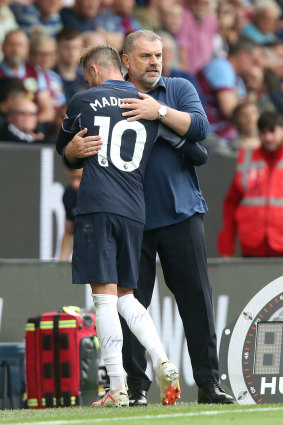 Ange Postecoglou embraces James Maddison earlier this season.