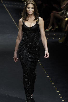 Stephanie Seymour on the catwalk for Versace during Milan Fashion Week. 