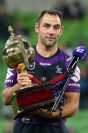 Storm skipper Cameron Smith with the Anzac Day match silverware.