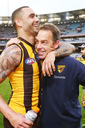 Shaun Burgoyne celebrates a win with Alastair Clarkson