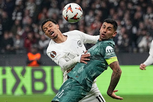 Could Cristian Romero, right, challenging Frankfurt’s Hugo Ekitike, be headed to La Liga? 