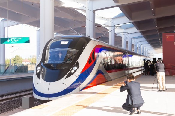 The Laos-China Railway’s Lane Xang EMU train at Vientiane Railway Station on December 3, 2021, when the line officially became operational. 