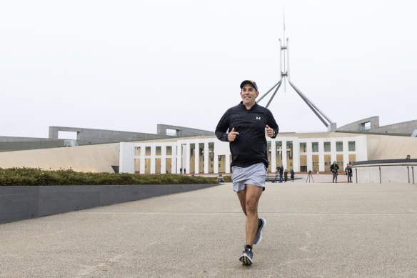 Treasurer Jim Chalmers outside Parliament House yesterday.