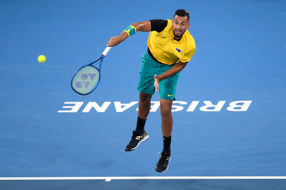 Nick Kyrgios serves against Jan-Lennard Struff on day one of the ATP Cup at Pat Rafter Arena in Brisbane.