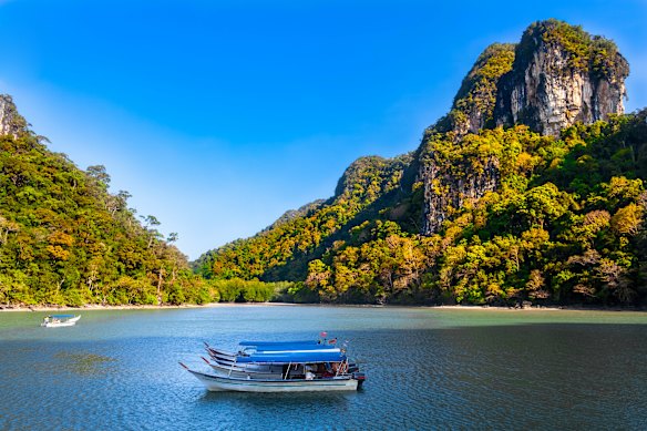 Limestone cliffs and rainforest drop to clear water in Langkawi.