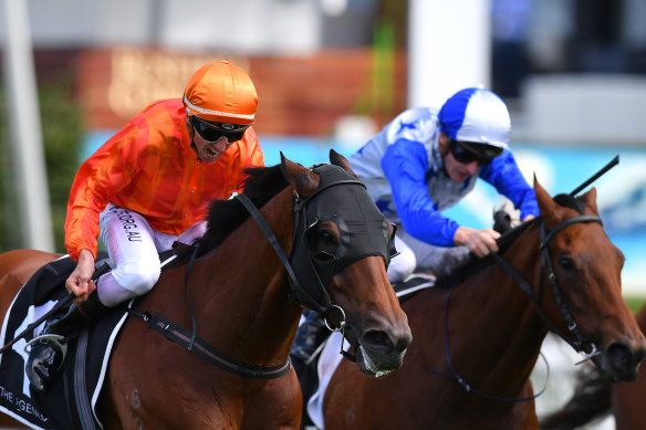 Nash Rawiller roars Dreamforce (inside) to victory in the George Ryder Stakes.