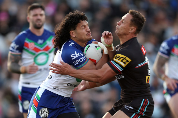 Dallin Watene-Zelezniak is tackled at BlueBet Stadium.