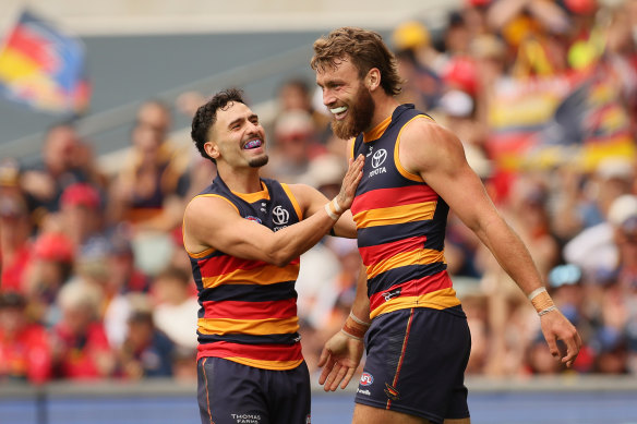 Izak Rankine and Riley Thilthorpe celebrate a goal.