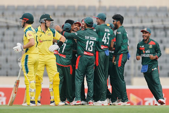 Bangladesh’s players celebrate the wicket of Australia’s Marnus Labuschagne (second from left).
