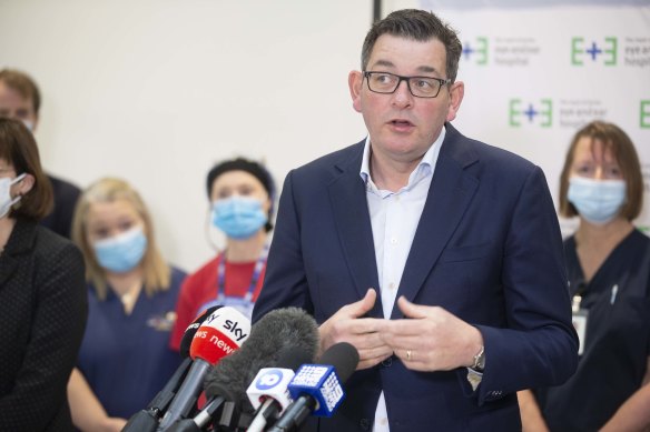 Premier Daniel Andrews at The  Royal Victoria Eye and Ear Hospital on Sunday.