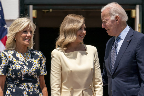 President Joe Biden and first lady Jill Biden greet Olena Zelenska, spouse of Ukrainian’s President Volodymyr Zelensky at the White House on Tuesday.