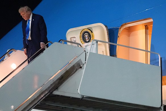 Donald Trump lands at John F Kennedy airport in New York on Monday.