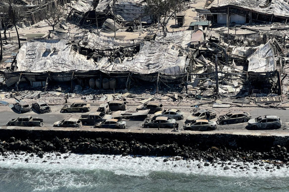 Shells of burnt-out buildings in Lahaina.