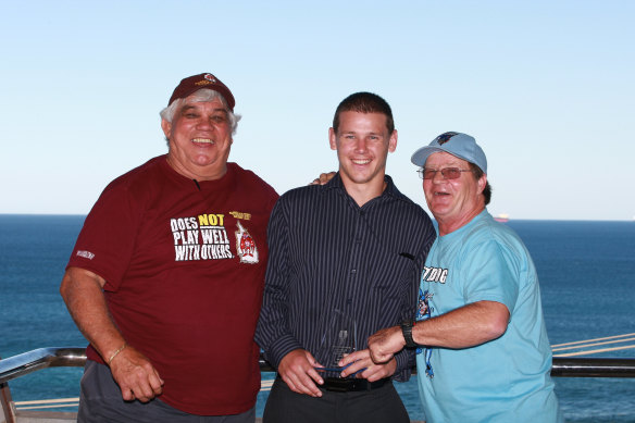 Arthur Beetson, former Newcastle player Matt Hilder and Tom Raudonikis at one of their speaking arrangements in 2009. 